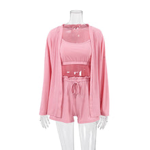 Load image into Gallery viewer, 7 Colors - 3pc Set - Womens Solid Color Pajamas Loungewear - Cardigan + Short Top + Looge Short Pants Ti Amo I love you
