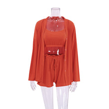 Load image into Gallery viewer, 7 Colors - 3pc Set - Womens Solid Color Pajamas Loungewear - Cardigan + Short Top + Looge Short Pants Ti Amo I love you
