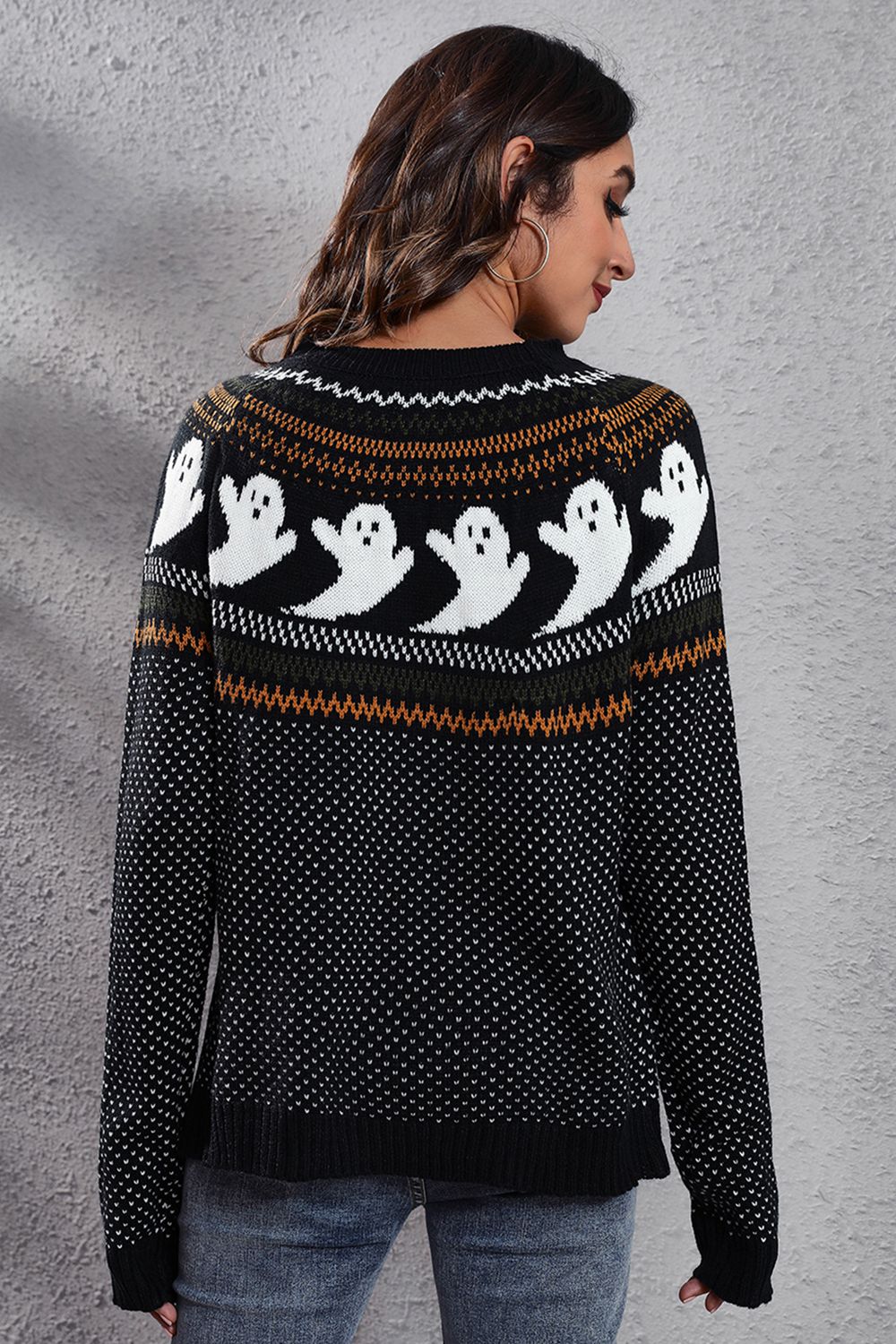 7 Colors - Ghost Pattern Round Neck Long Sleeve Sweater - Sizes S-2XL Ti Amo I love you