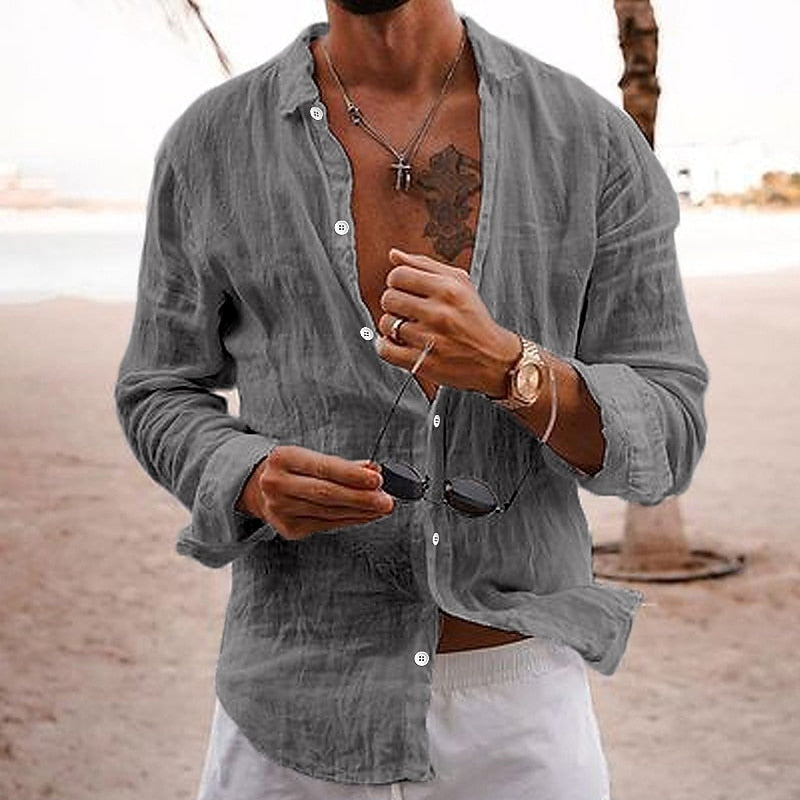 7 Colors - Mens - 100%Cotton Linen Solid Color Turn-down Collar Casual Style  Spring and Autumn Long Sleeve Shirts - Sizes S-3XL Ti Amo I love you