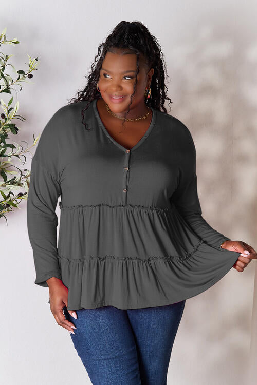 7 colors - Double Take Half Button Long Sleeve Ruffle Hem Blouse - Sizes S-3XL Ti Amo I love you