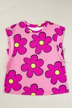 Load image into Gallery viewer, Pink Flower Print Round Neck Cap Sleeve T Shirt
