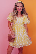 Load image into Gallery viewer, Yellow Boho Flower Jacquard Puff Sleeve Square Neck Mini Dress
