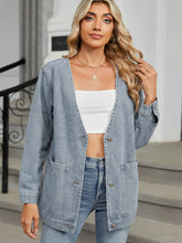 Load image into Gallery viewer, Pocketed V-Neck Button Up Denim Jacket
