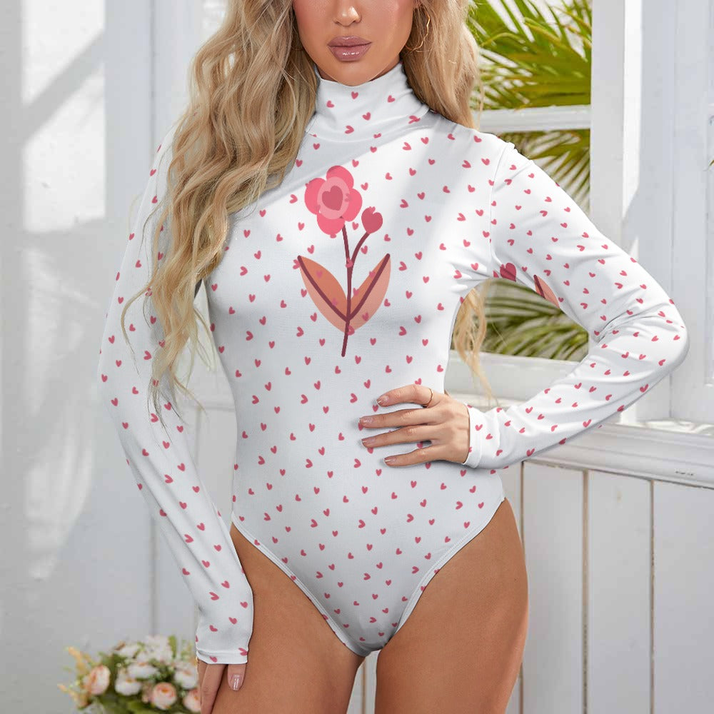 Ti Amo I love you - Exclusive Brand - Tiny Hearts with Flowers -Women's Turtleneck Long Sleeve Bodysuit