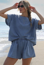 Load image into Gallery viewer, Light Blue Denim Cuffed Sleeve Tee Elastic Shorts Set
