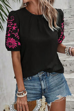 Load image into Gallery viewer, Black Floral Embroidered Textured Puff Sleeve T Shirt
