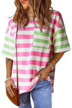 Load image into Gallery viewer, Blue Stripe Contrast Patch Pocket Drop Sleeve T Shirt
