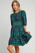 Load image into Gallery viewer, Umgee Ribbon Print Frill Contrast Velvet Trim Half Sleeve Dress
