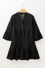 Load image into Gallery viewer, Black Chambray Ruffled 3/4 Sleeve Tiered Split V Neck Mini Dress
