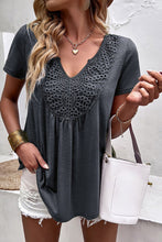 Load image into Gallery viewer, Womens - Gray Lace Crochet Patchwork V Neck T Shirt
