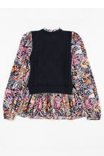 Load image into Gallery viewer, Black Contrast Floral Sleeve Peplum Sweater
