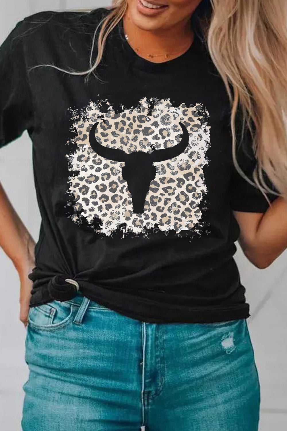 Black Western Leopard Steer Head Print Casual T Shirt