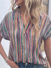 Load image into Gallery viewer, Shiny Striped Notched Short Sleeve Blouse
