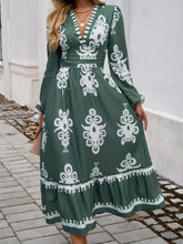 Load image into Gallery viewer, Devine Ruffled Printed Plunge Long Sleeve Dress
