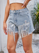 Load image into Gallery viewer, Distressed Pearl Trim Denim Shorts with Pockets
