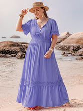 Load image into Gallery viewer, Plus Size Lace Detail Tie Neck Short Sleeve Maxi Dress
