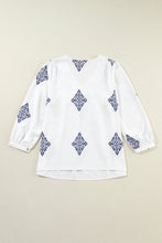 Load image into Gallery viewer, White Boho Geometric Print Bracelet Sleeve V Neck Blouse
