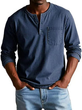 Load image into Gallery viewer, Mens V-neck Long-sleeved With Button Casual Solid Color Pullover Top
