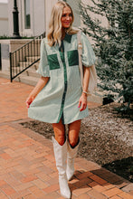 Load image into Gallery viewer, Green Patch Pockets Button Down Short Puff Sleeve Dress
