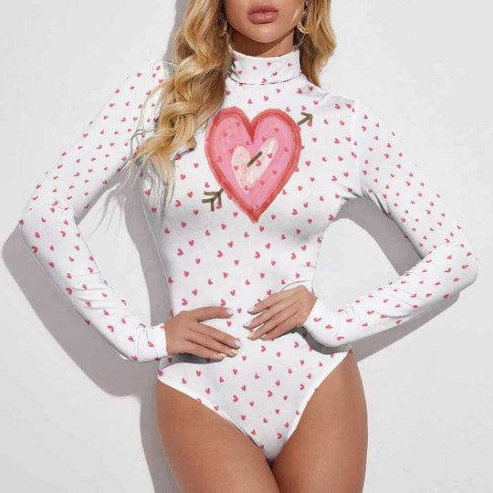 Ti Amo I love you - Exclusive Brand  - Women's Hearts with Large Heart Turtleneck Long Sleeve Bodysuit