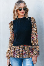 Load image into Gallery viewer, Black Contrast Floral Sleeve Peplum Sweater
