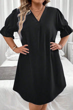 Load image into Gallery viewer, Black Solid Ruffled Puff Sleeve V Neck Plus Size Mini Dress
