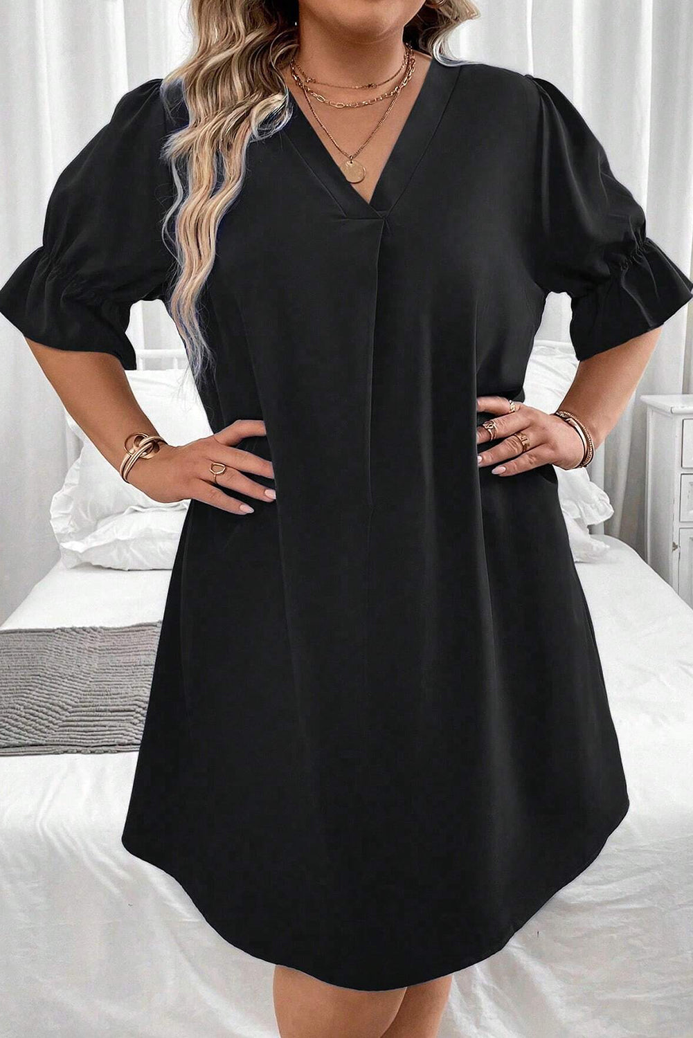 Black Solid Ruffled Puff Sleeve V Neck Plus Size Mini Dress