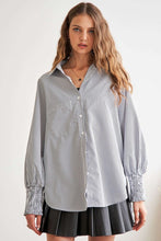 Load image into Gallery viewer, ADORA High-Low Striped Button Down Smocked Lantern Sleeve Shirt

