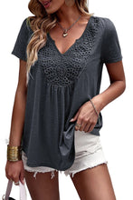 Load image into Gallery viewer, Womens - Gray Lace Crochet Patchwork V Neck T Shirt
