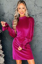 Load image into Gallery viewer, Rose Red Smocked Mock Neck Ruffled Puff Sleeve Velvet Mini Dress
