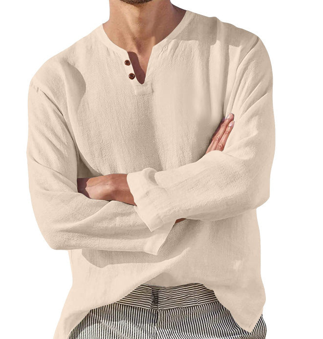 Men's Long Sleeve V-Neck Casual Beach Breathable Cotton Linen Shirt