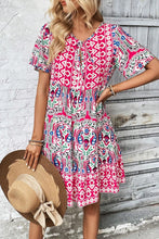 Load image into Gallery viewer, Pink Bohemian Print Tie Neck Ruffle Hem Short Dress
