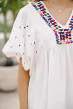 Load image into Gallery viewer, White Embroidered Puff Sleeve V Neck Blouse
