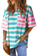 Load image into Gallery viewer, Blue Stripe Contrast Patch Pocket Drop Sleeve T Shirt
