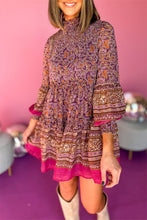 Load image into Gallery viewer, Purple Floral Smocked Puff Sleeve High Neck Mini Dress
