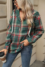 Load image into Gallery viewer, Drawstring Plaid Hooded Long Sleeve Top
