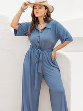 Load image into Gallery viewer, Plus Size Ribbed Half Button Tie-Waist Jumpsuit
