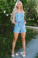 Load image into Gallery viewer, Beau Blue Spaghetti Straps Belted Denim Romper
