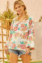 Load image into Gallery viewer, White Notch V Neck Floral Pleated Puff Sleeve Blouse
