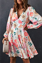 Load image into Gallery viewer, Womens - White Boho V Neck Bubble Sleeves Floral Dress - Only Sizes M Left
