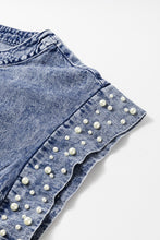 Load image into Gallery viewer, Dusk Blue Acid Wash Pearl Embellishments O-neck Denim Top
