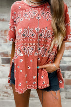 Load image into Gallery viewer, Red Paisley Print Side Slits Crew Neck T Shirt
