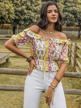 Load image into Gallery viewer, Ruffled Printed Off-Shoulder Short Sleeve Blouse
