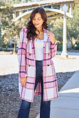 8 Colors - Double Take Full Size Plaid Button Up Lapel Collar Coat Ti Amo I love you