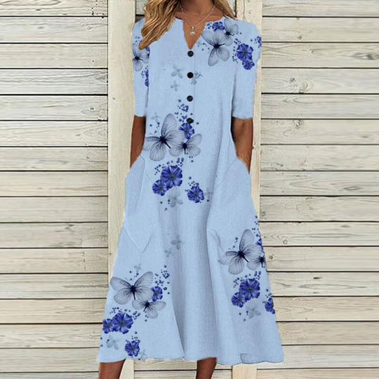 8 Patterns - Womens - Spring / Summer - Half Sleeve Casual Beach Dress -V Neck Pocket Party Long Dress Ti Amo I love you