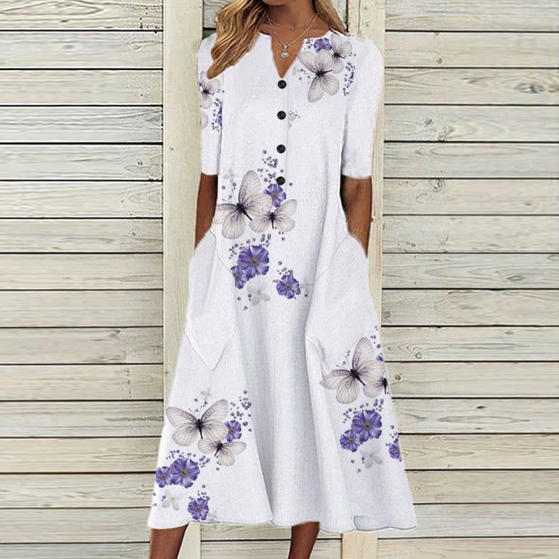 8 Patterns - Womens - Spring / Summer - Half Sleeve Casual Beach Dress -V Neck Pocket Party Long Dress Ti Amo I love you
