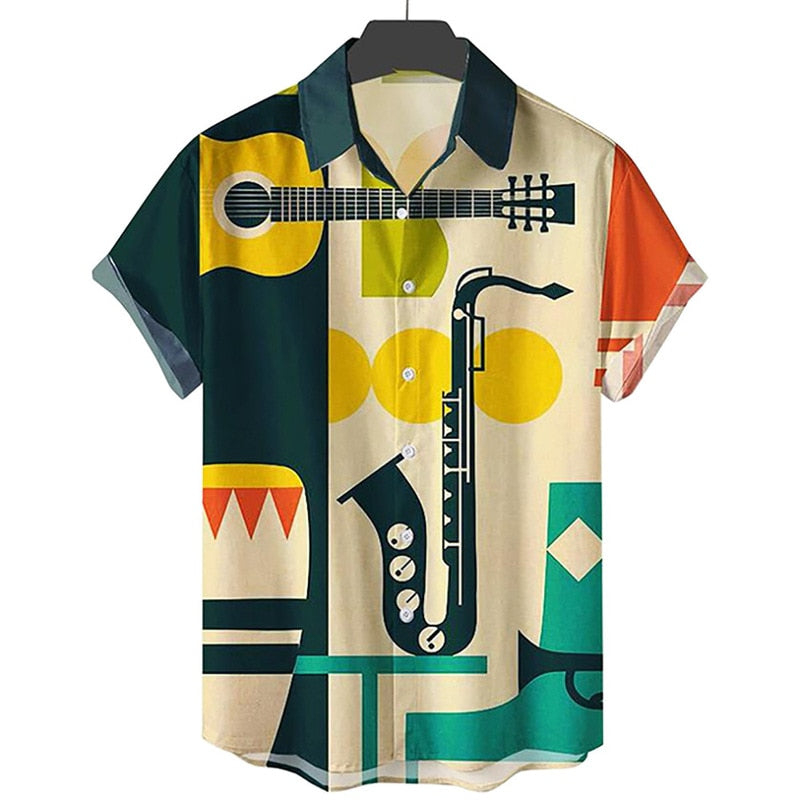 8 Styles - Mens - Casual Button Up - Musical Instruments - Short-Sleeves - Hawaiian Beach Tops - Sizes M-3XL Ti Amo I love you