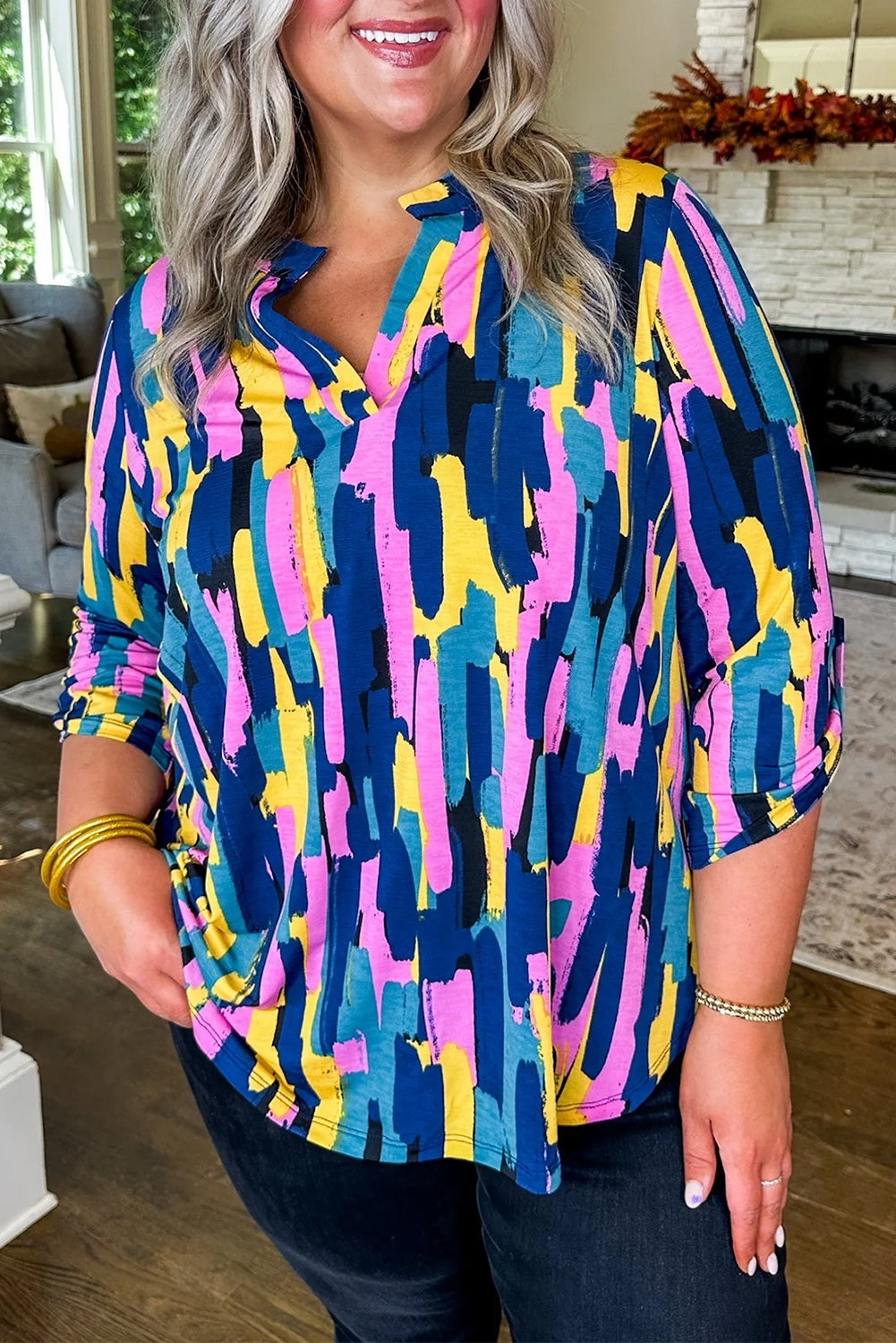 Blue Plus Size Brushstroke Print 3/4 Sleeve Blouse