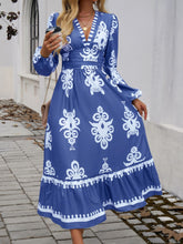 Load image into Gallery viewer, Devine Ruffled Printed Plunge Long Sleeve Dress
